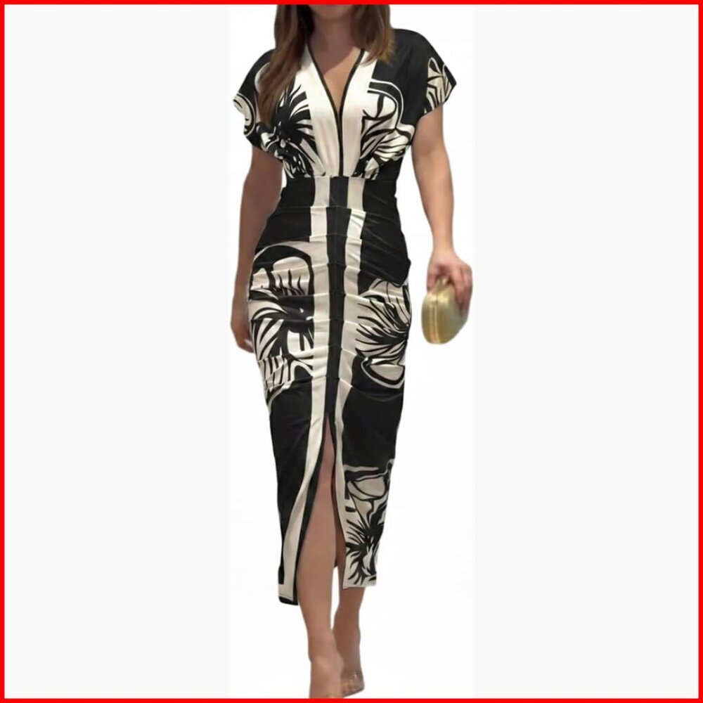Midi Dress V-Neck Ruched Bodycon Side Slit Casual Party Wear